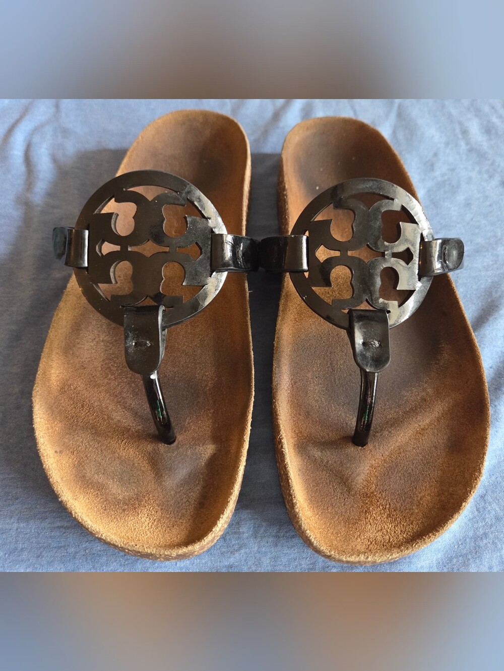 Tory Burch Black Logo Thong Sandals with Brown Footbed